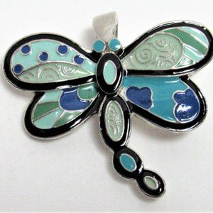 Vintage RMN ROMAN Jewelry Enamel DRAGONFLY Pin Pendant Scarf Clip Blue Silver